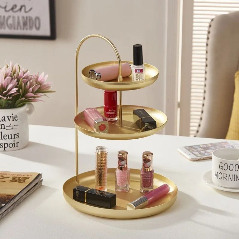 Durable Gold Metal Decorative Gold Tray Organizer with Curved Lip Three tries