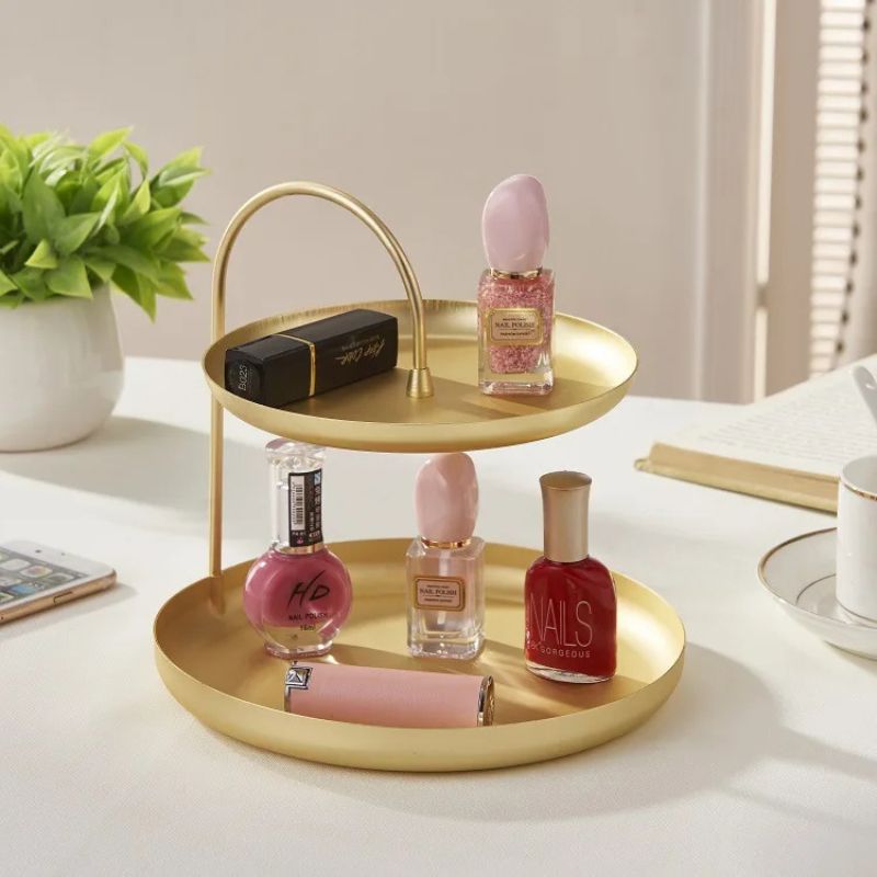Durable Gold Metal Decorative Gold Tray Organizer with Curved Lip Two tiers