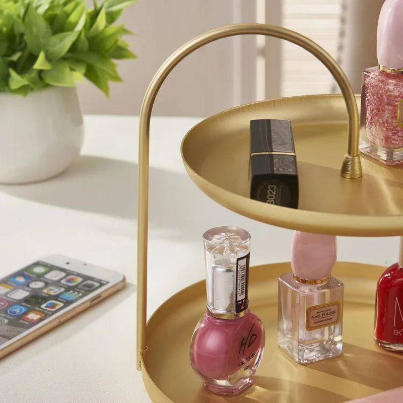 Durable Gold Metal Decorative Gold Tray Organizer with Curved Lip Two tiers showing the lip