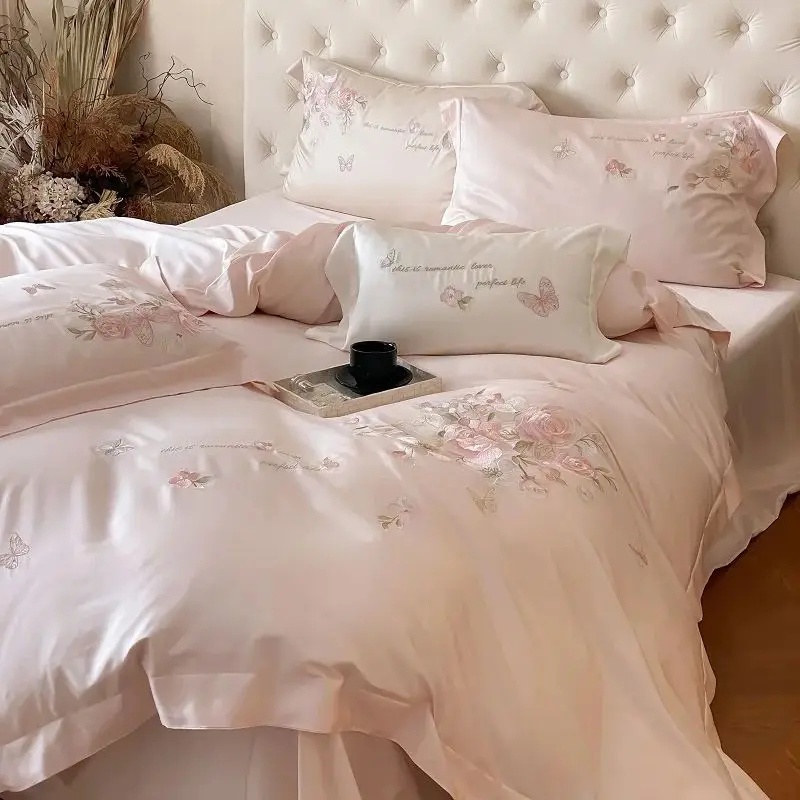 Luxury Flowers Butterfly - 1000TC Egyptian Cotton Duvet Cover Set pink color