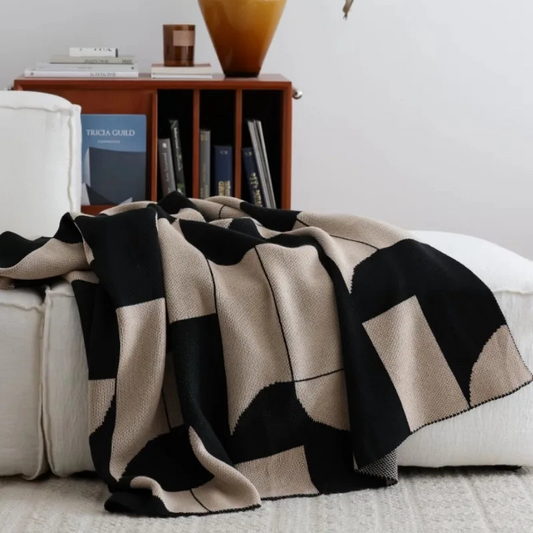 Modern Harmony Knit Throw Blanket - Black & Beige Geometric Pattern
